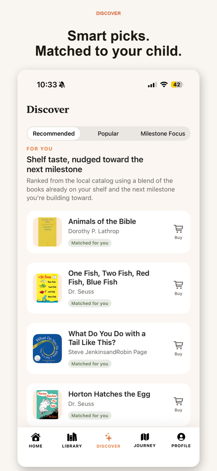 TinyTales discover screen showing books matched to a child's shelf taste and next milestone