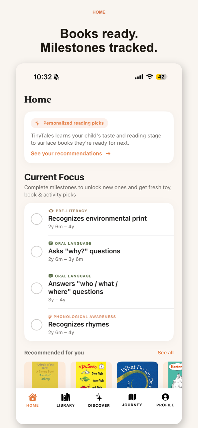 TinyTales home screen showing personalized reading picks and current milestones