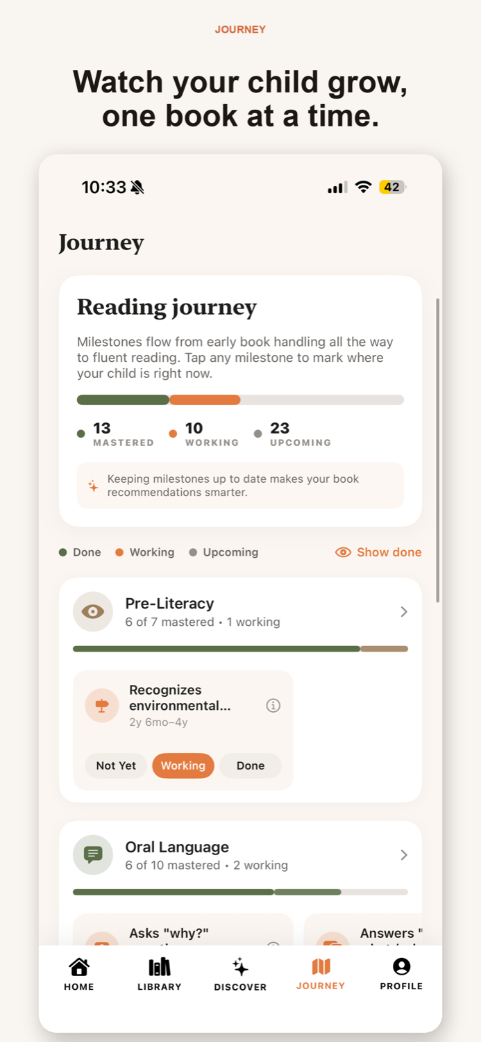TinyTales journey screen tracking reading milestones
